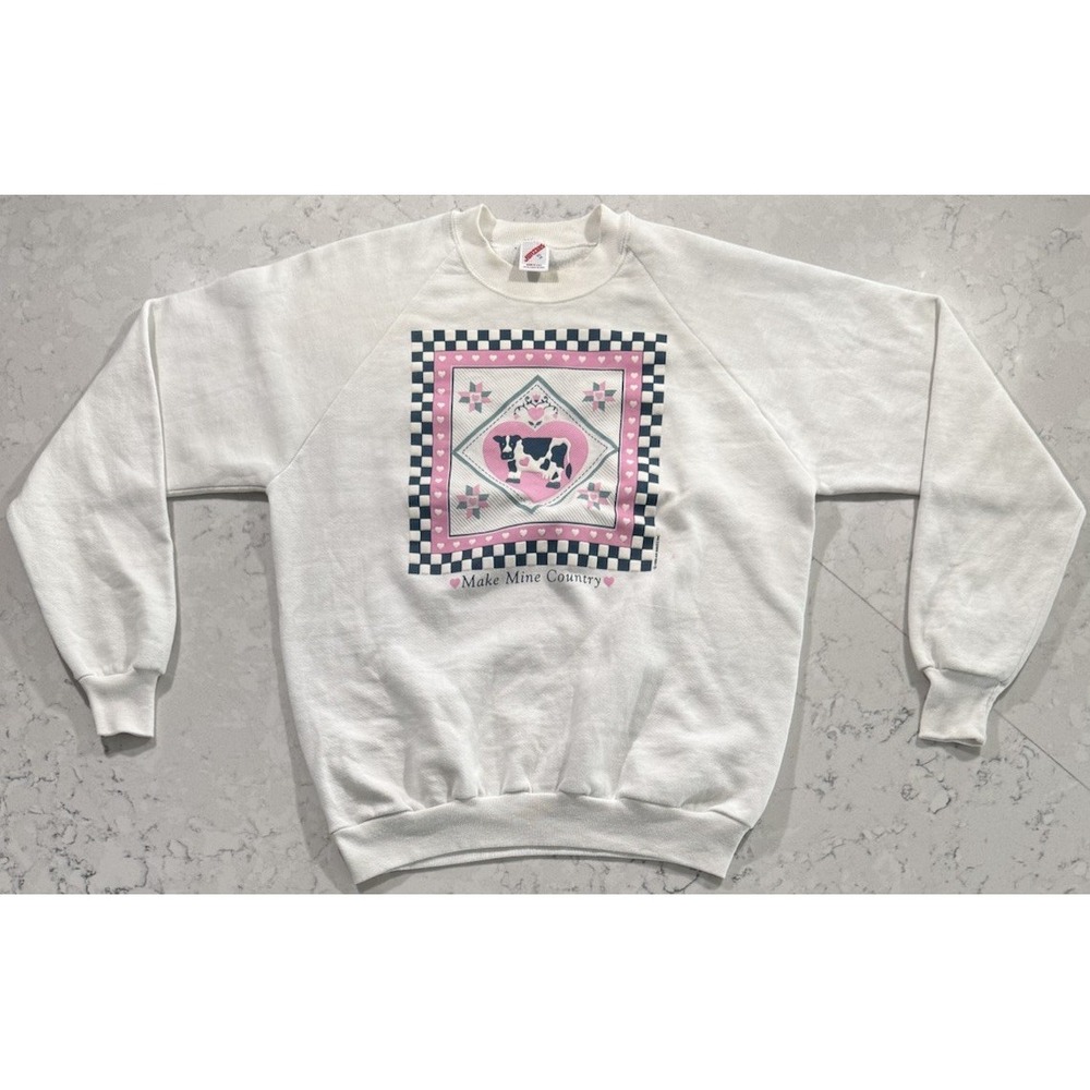 VTG 90s Jerzees Cow Country Graphic Sweatshirt Mens XL White Crewneck Made USA